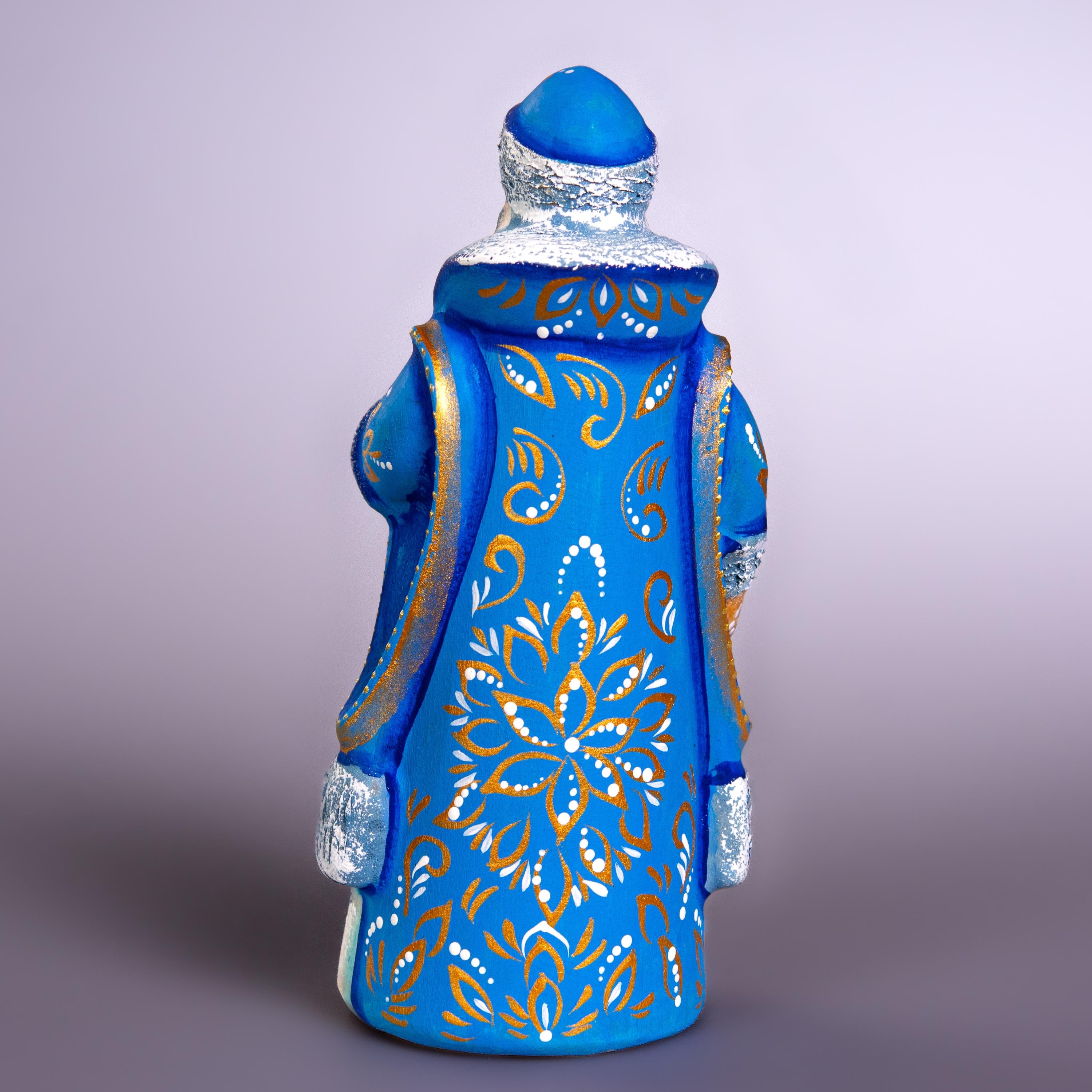 Hand Carved Wooden Santa Figurine 7", Blue Coat, Lantern, Old World