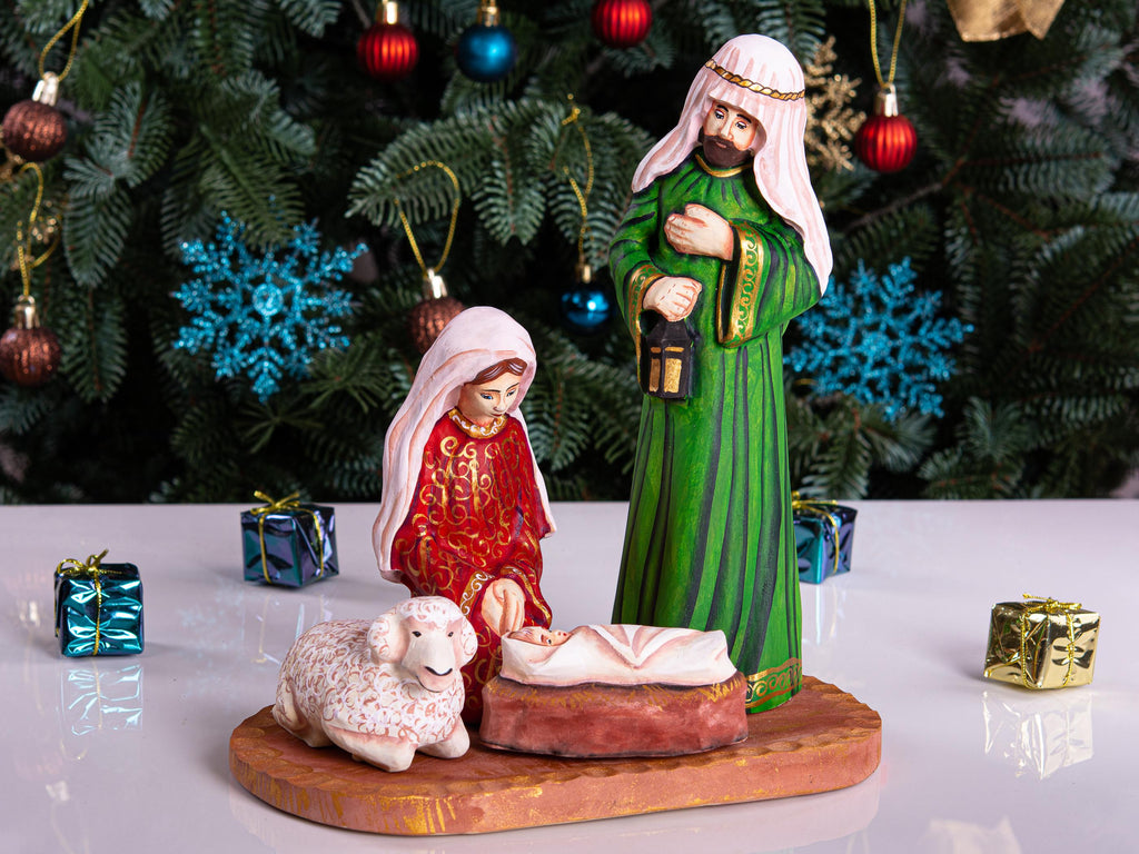 Hand Carved Wooden Nativity Set: Painted Christmas Crèche with Mary, Joseph, Jesus & Sheep