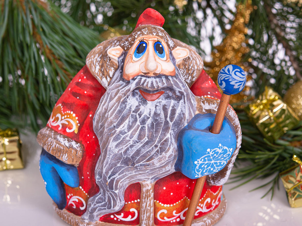 Hand carved Santa wooden figurine 6.3 inch, toy workshop scene