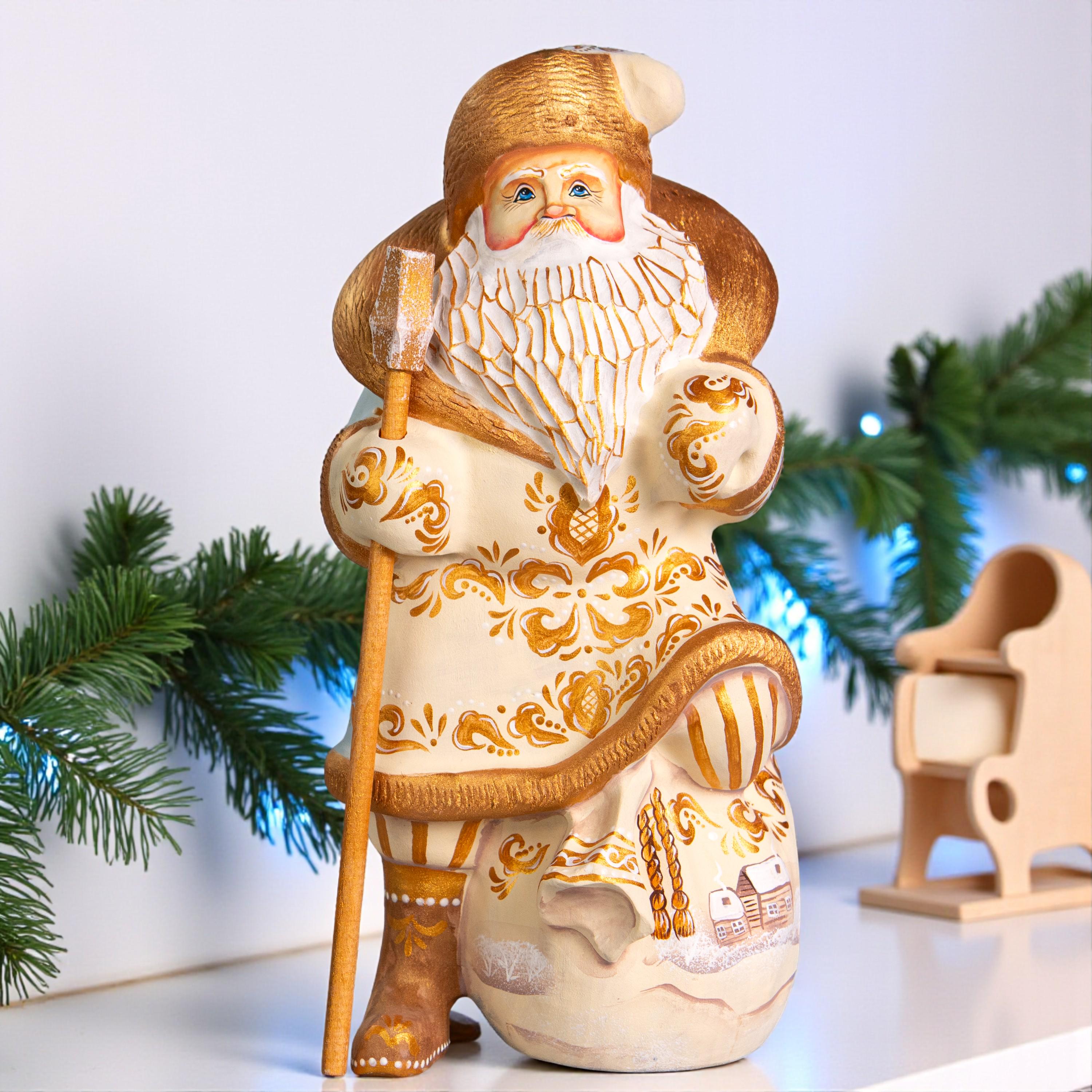 Hand carved Santa wooden statue 9.5 inch, gift sack scene