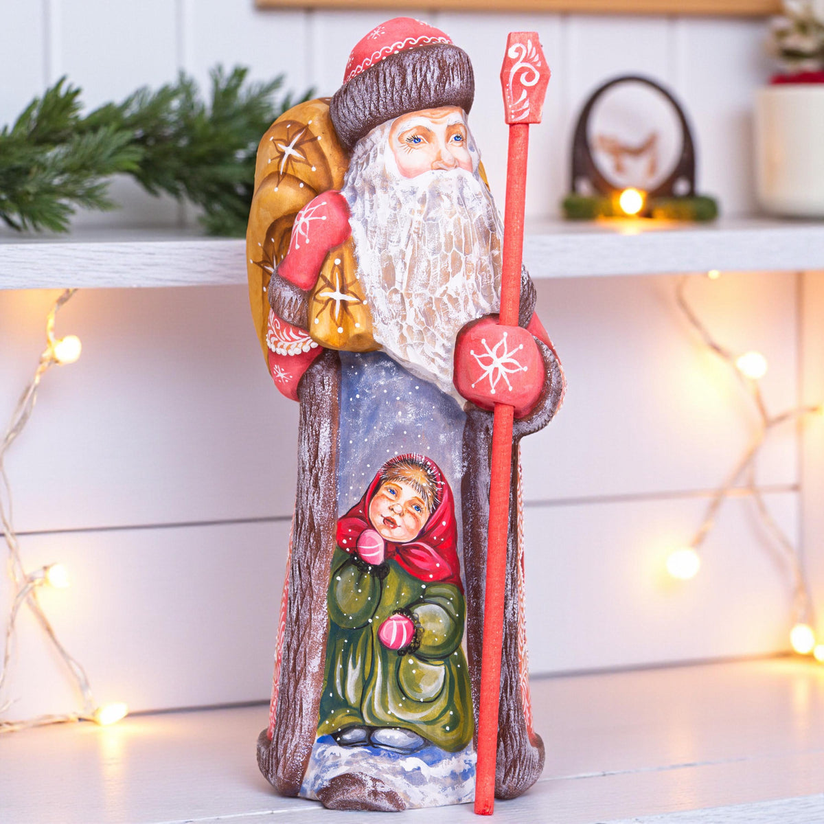 Hand carved Santa Claus wood figure 10 inch, gift sack, rustic holiday shelf display