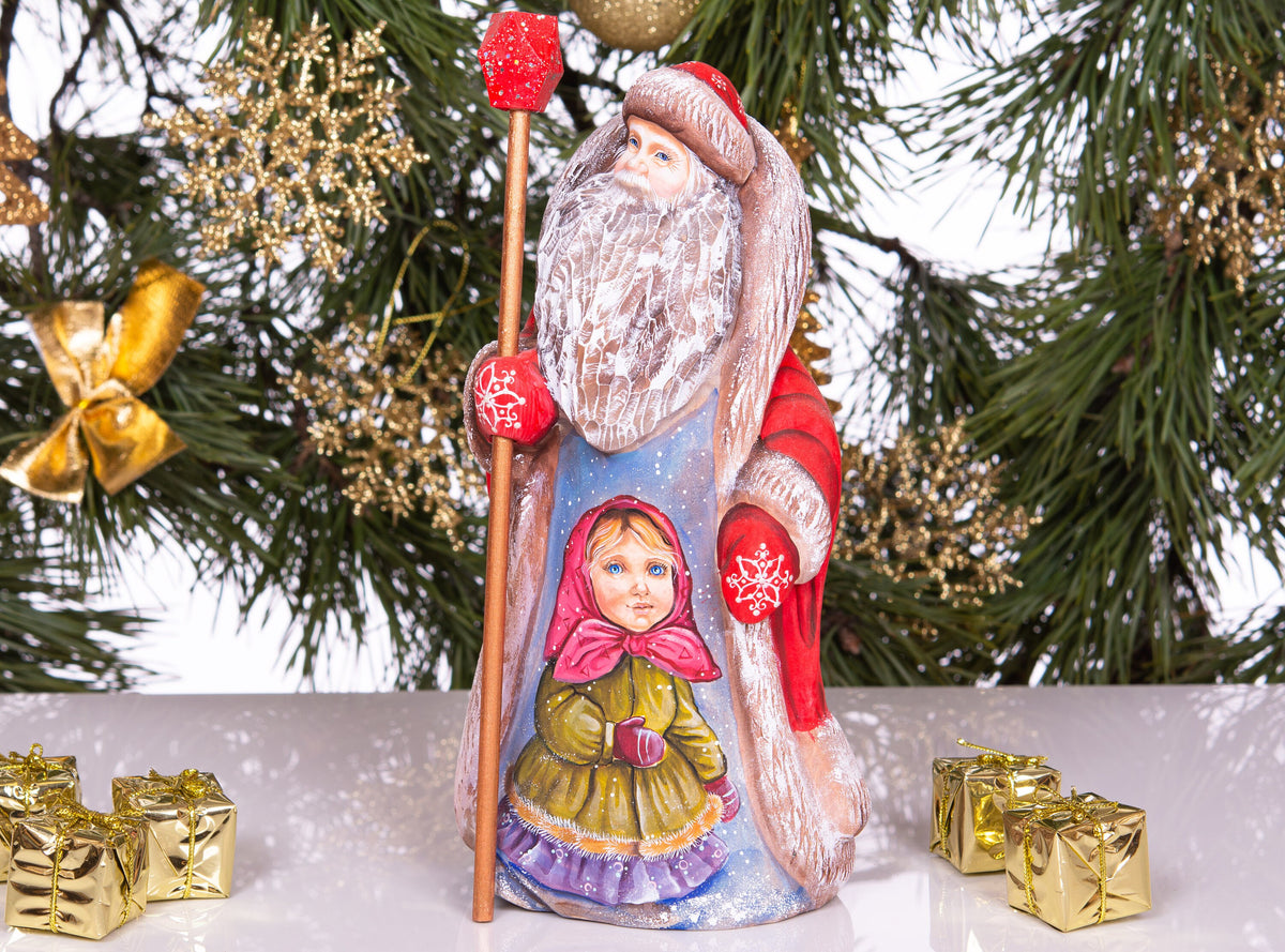 Old World Santa wood figurine 9.5 inch, winter girl scene, Christmas mantel centerpiece