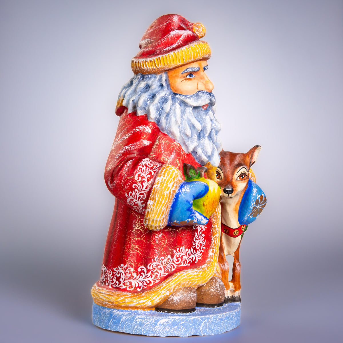Hand carved Old-World Santa wooden figurine 14 inch, deer fawn apple scene, mantel decor