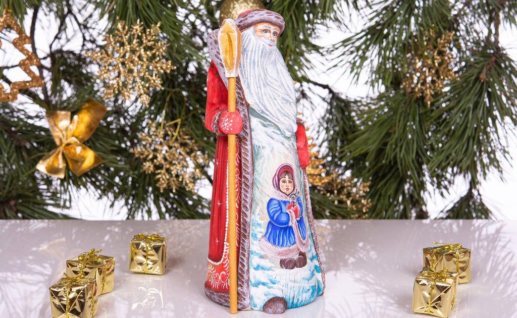 Hand Carved Santa Figurine 9 inch: Girl with Rabbit, Wooden Christmas Decoration
