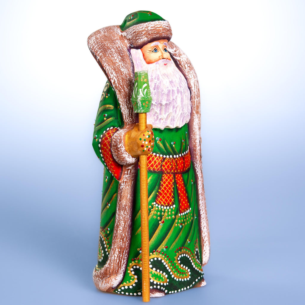 Hand carved Santa wooden figurine 9.5 inch, green coat mantel decor