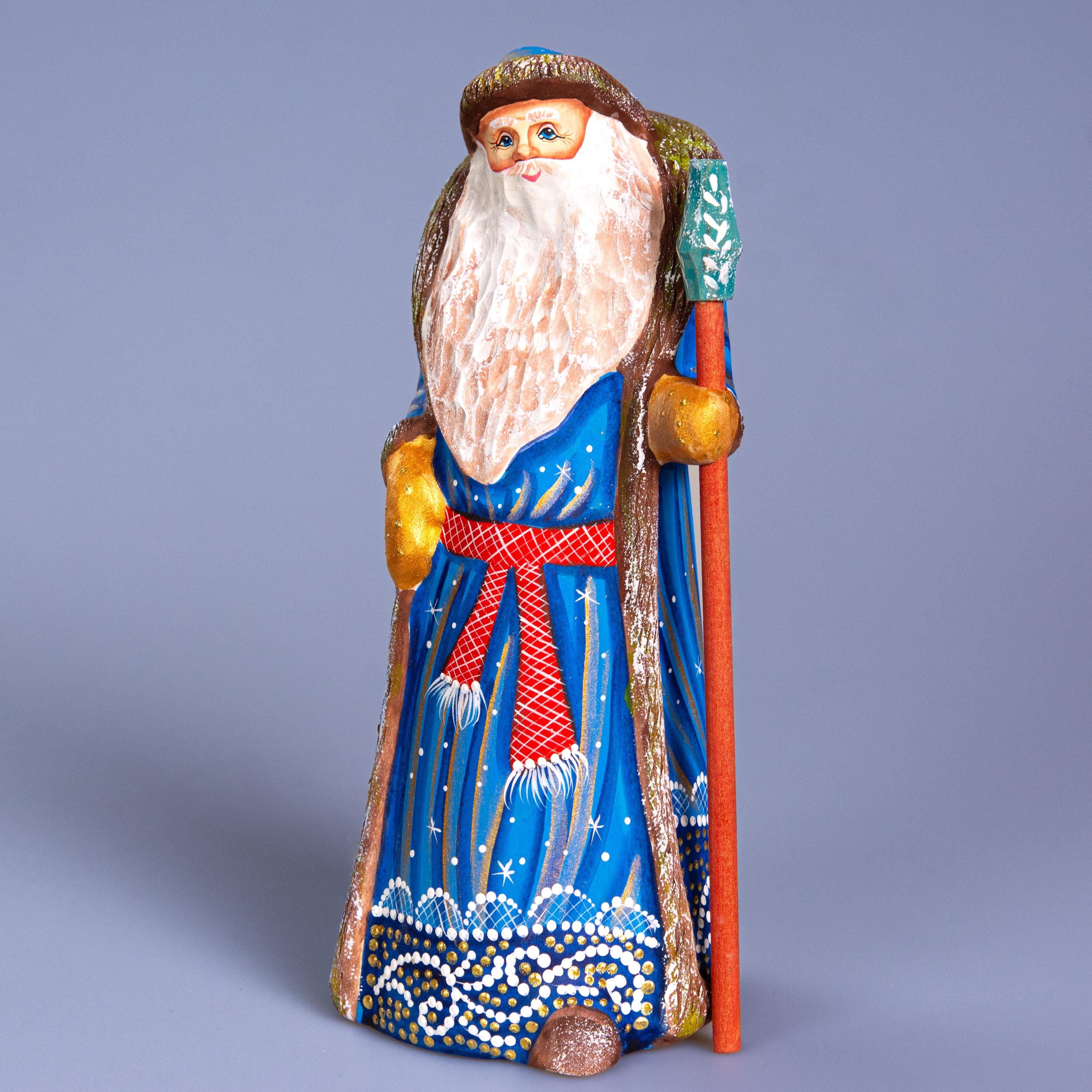 Vintage style blue Santa wooden figurine 8.7 inch, hand painted Christmas accent home decor