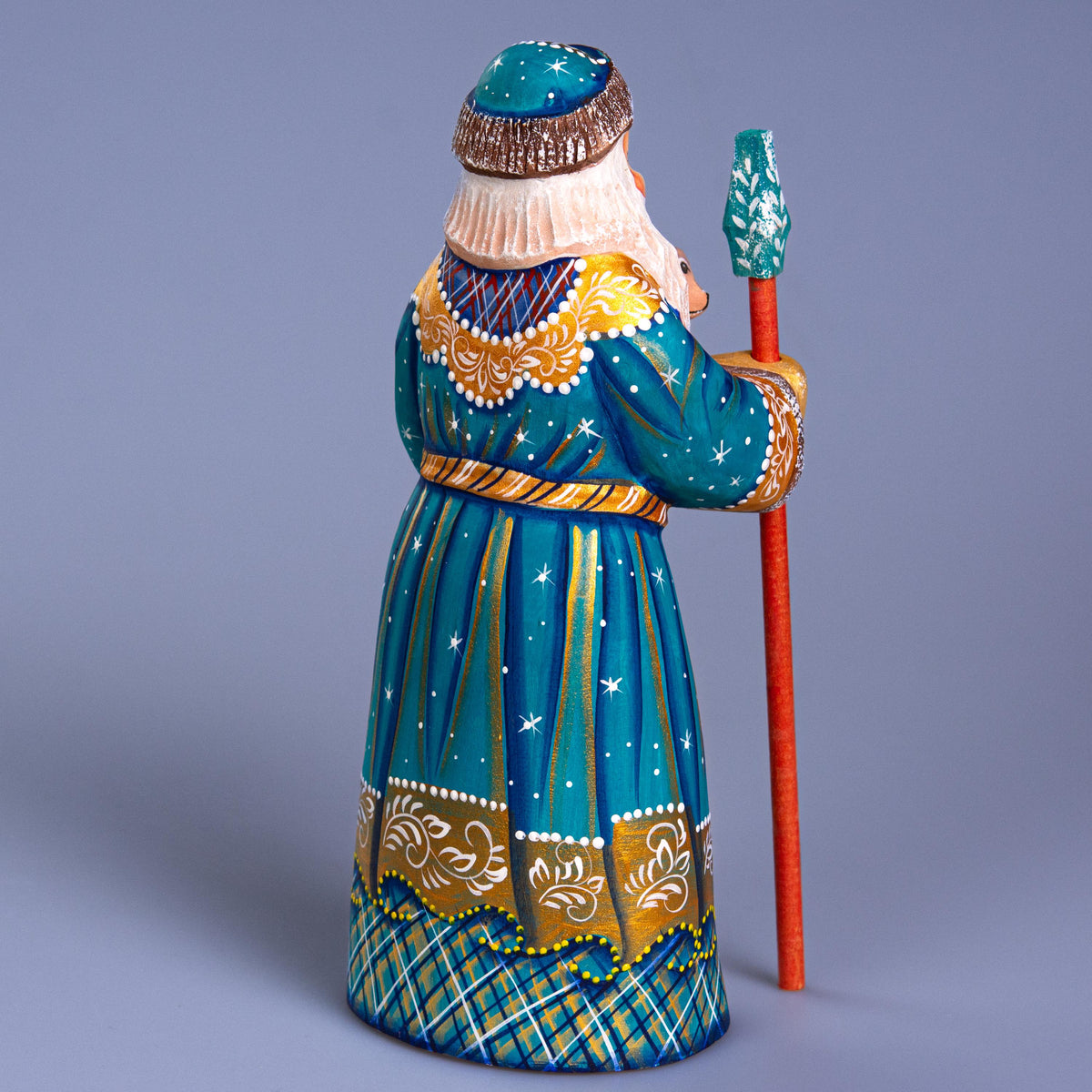 Hand Carved Wooden Santa Figurine with Dog 9 inch: Blue & Gold St. Nicholas