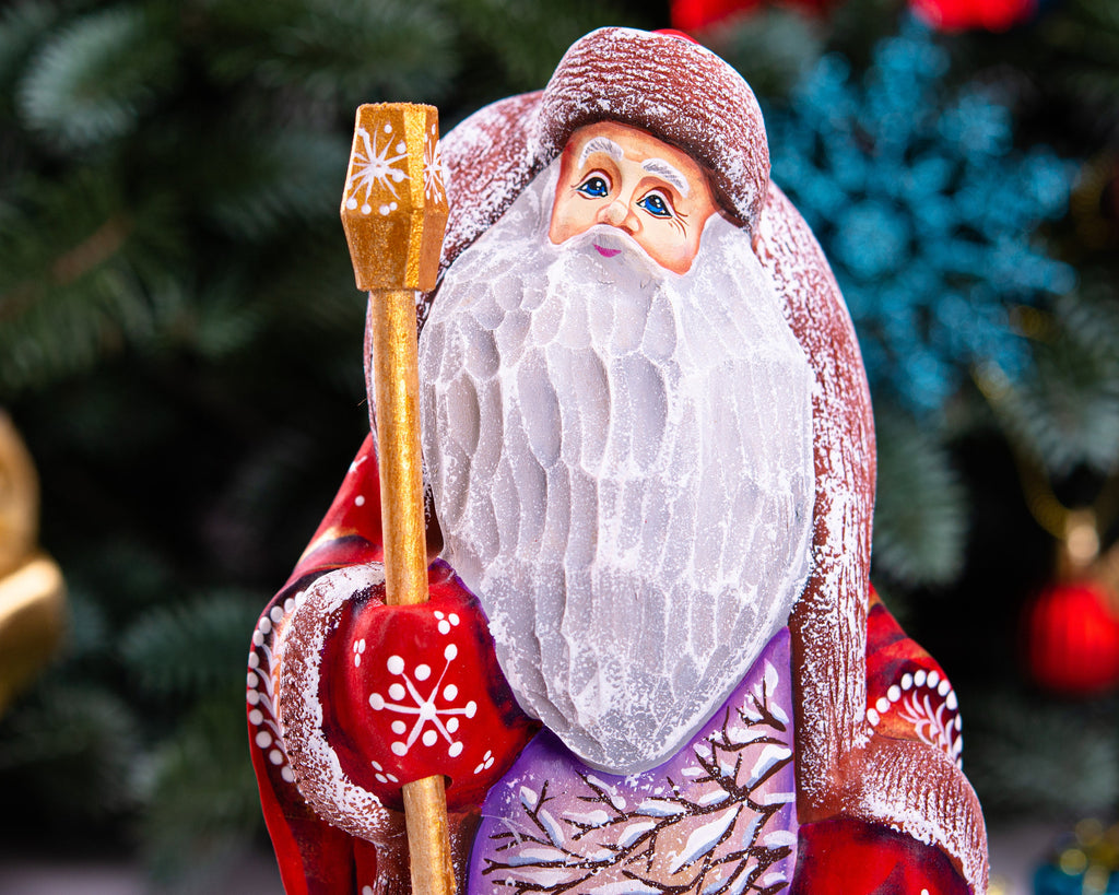 Hand carved wooden Santa figurine 9.4 inch, child with snowman scene, mantel decor