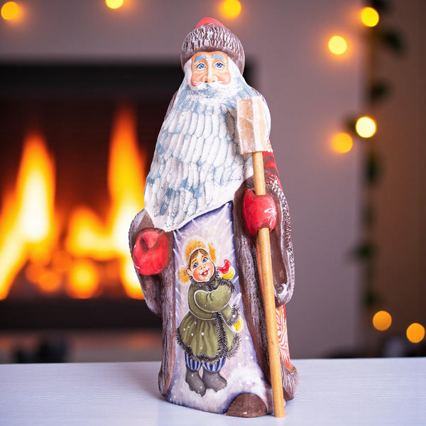 Hand carved Russian Santa 8.7 inch solid wood figurine, child scene