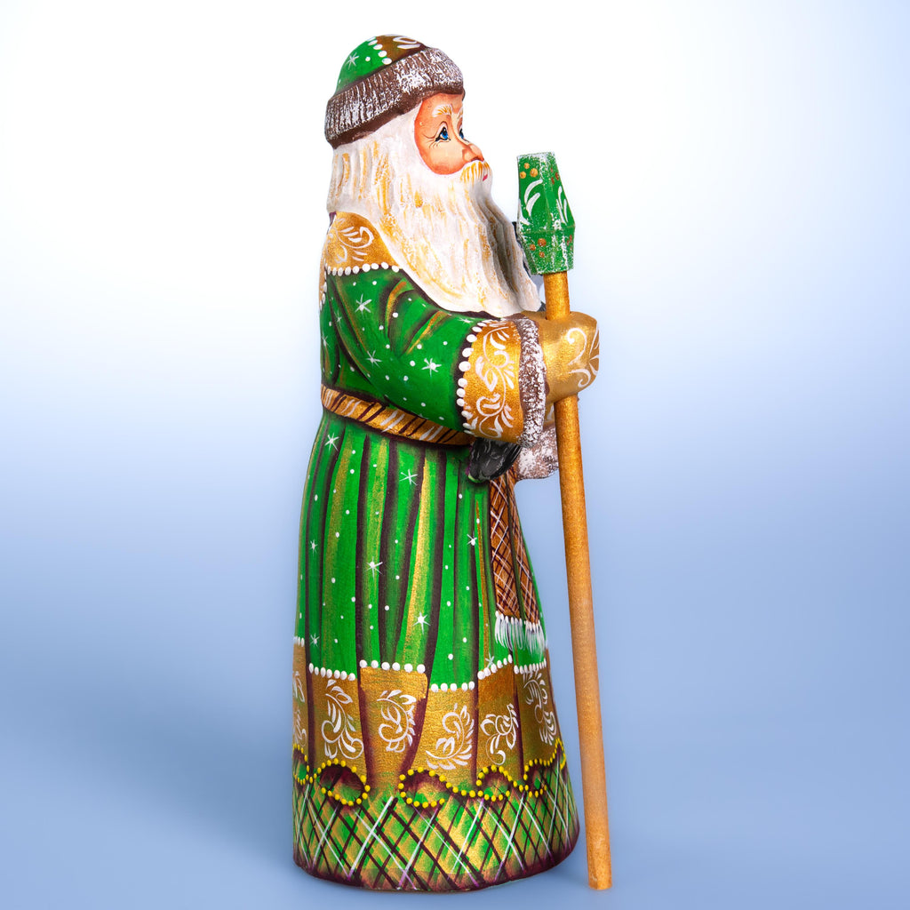 Kris Kringle wooden figurine 9 inch, green coat, cat lover gift