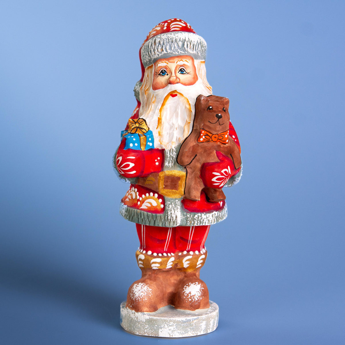 Hand carved wooden Santa figurine 7 inch, teddy bear toy, Christmas mantel decor
