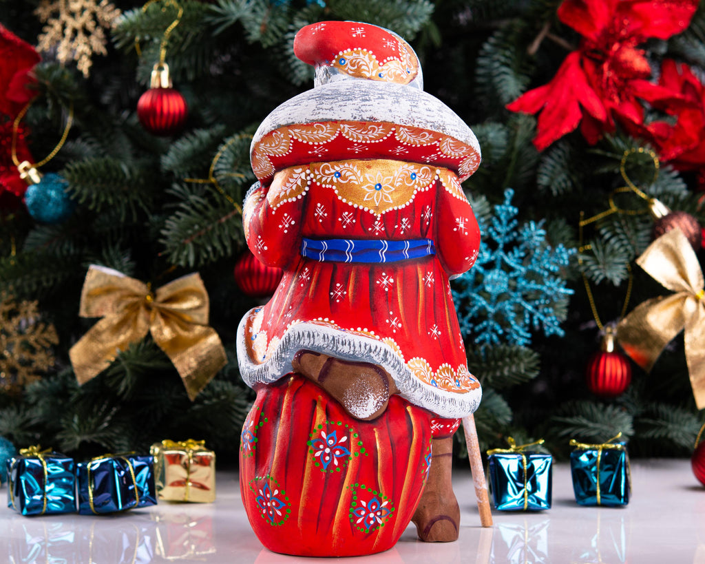 Hand carved Santa wooden figurine 9.5 inch, toy sack, mantel decor