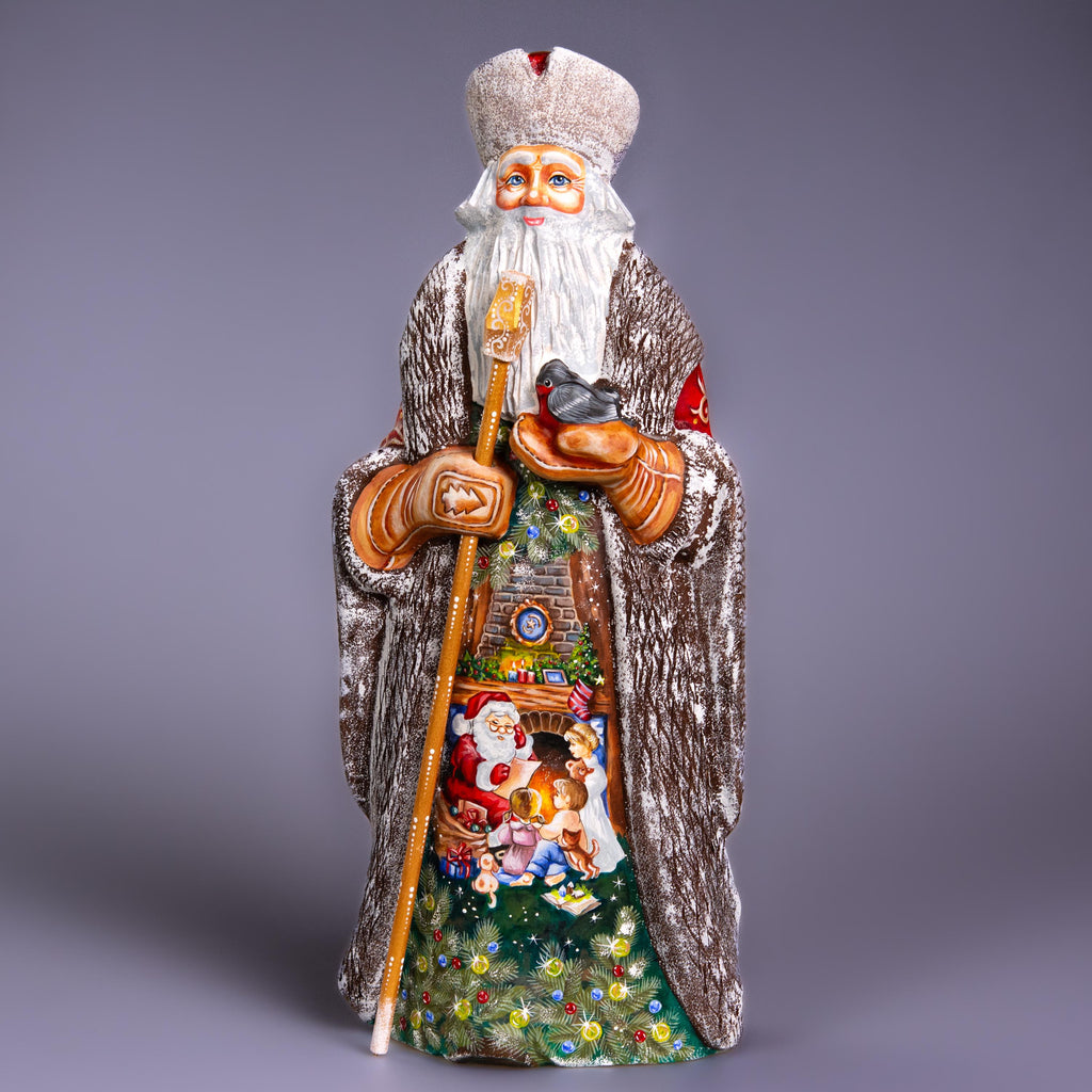 Hand carved wooden Santa statue 13 inch, fireplace scene collectible