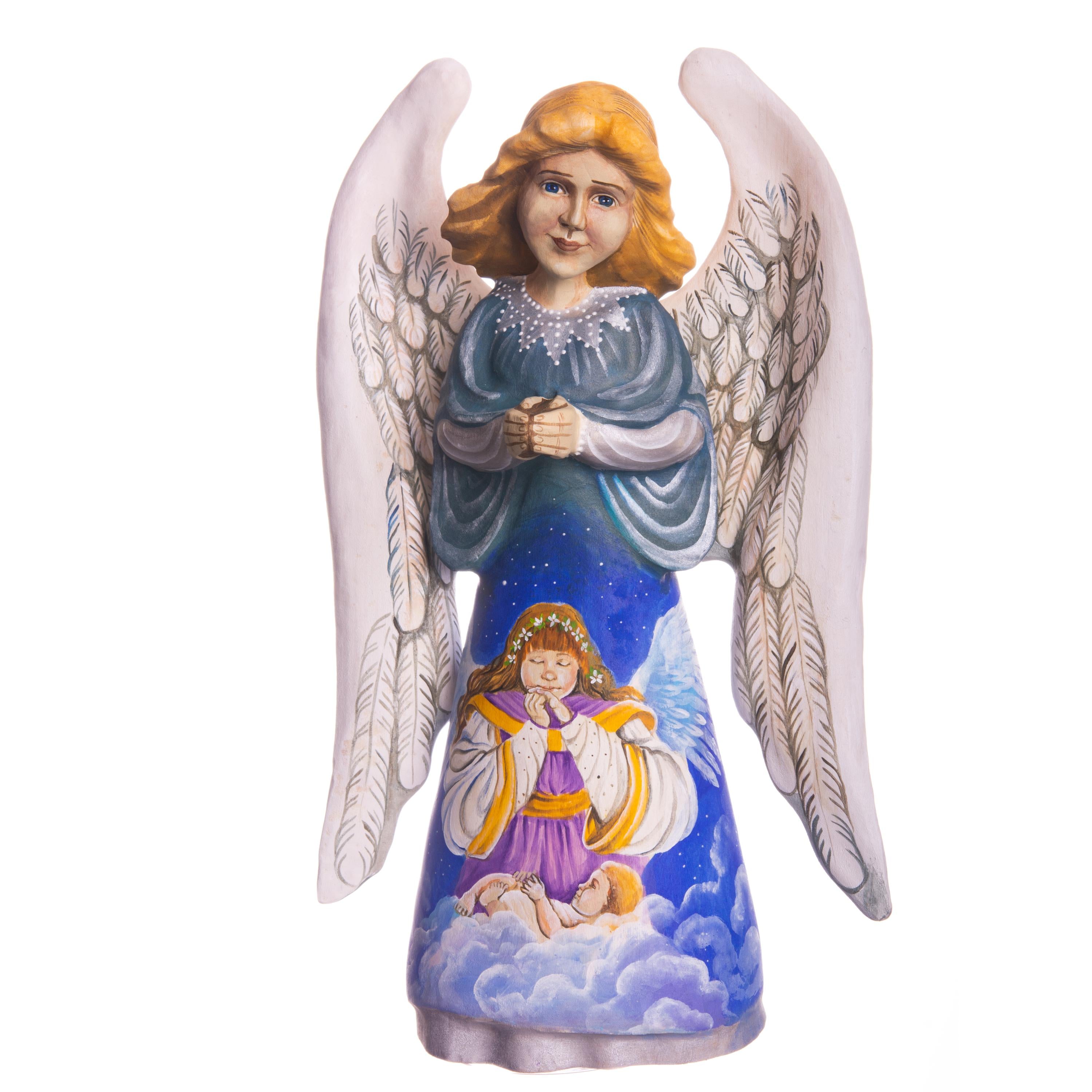 Hand painted angel figurine 9 inch, heavenly clouds scene mantel display