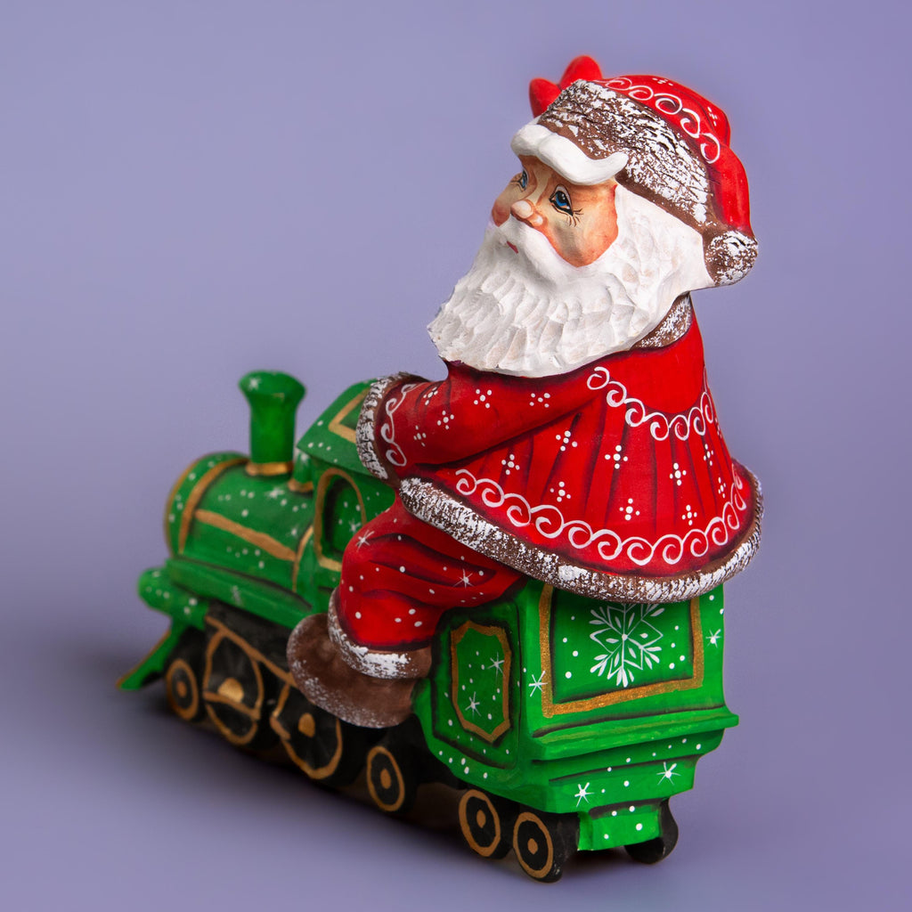 Hand Carved Santa on Locomotive Figurine 9.5 inch: Wooden Christmas Decoration