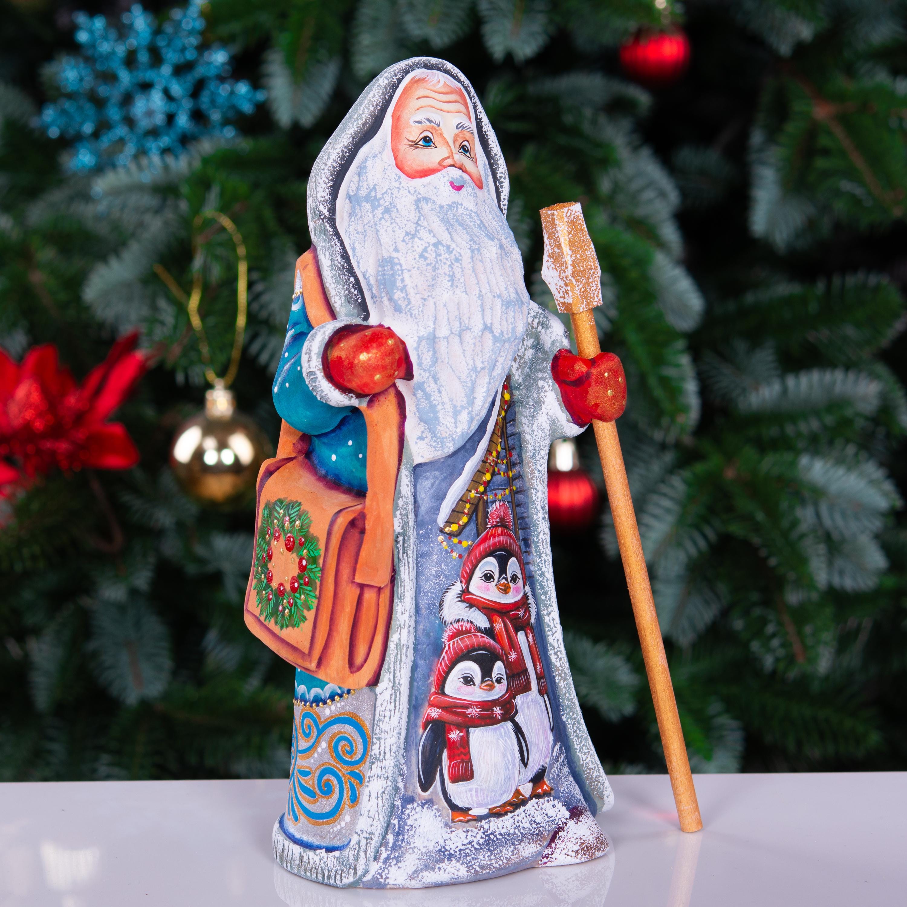 Kris Kringle solid wood figurine 9 inch, teal robe penguins, shelf decor