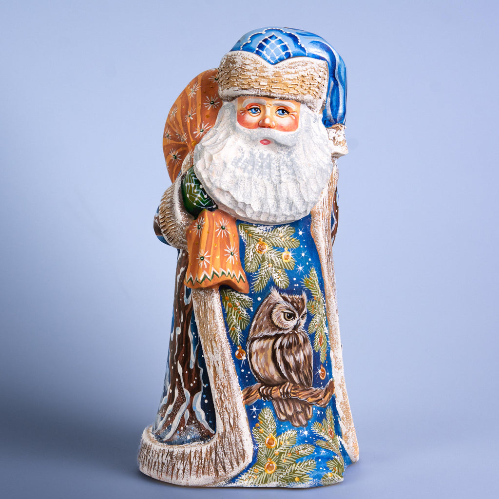 Hand Carved Wood Santa Figurine: Owl & Snowy Village, Signed