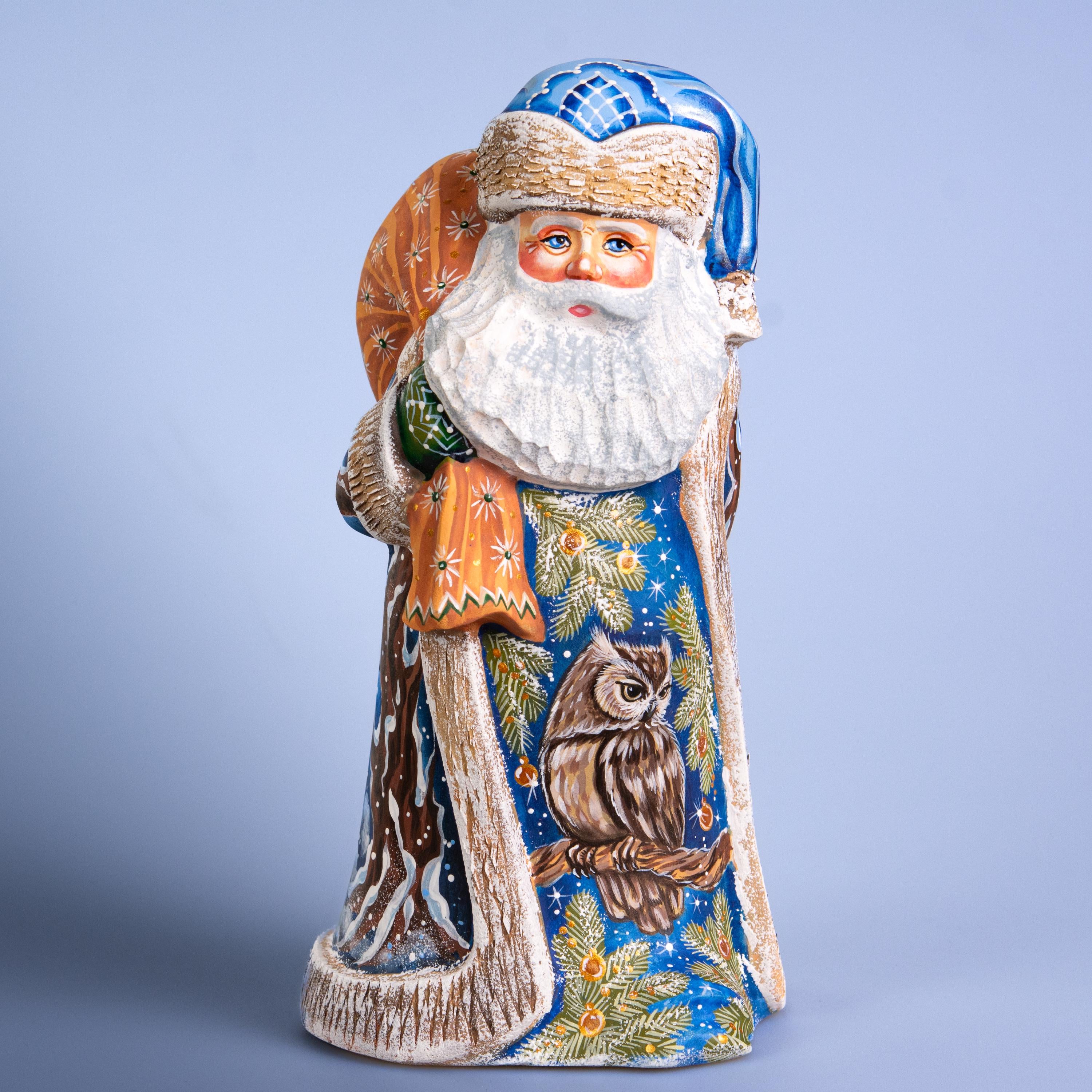 Hand Carved Wood Santa Figurine: Owl & Snowy Village, Signed