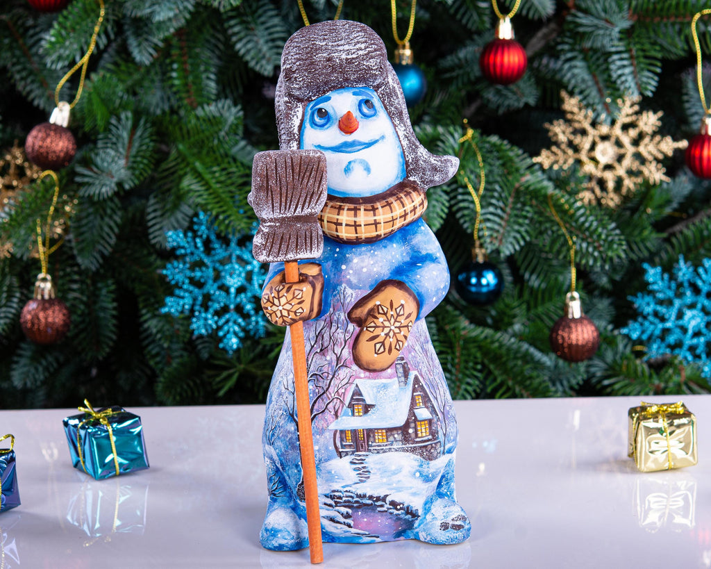 Snowman figurine in ushanka, hand painted landscape, 9.1 inch