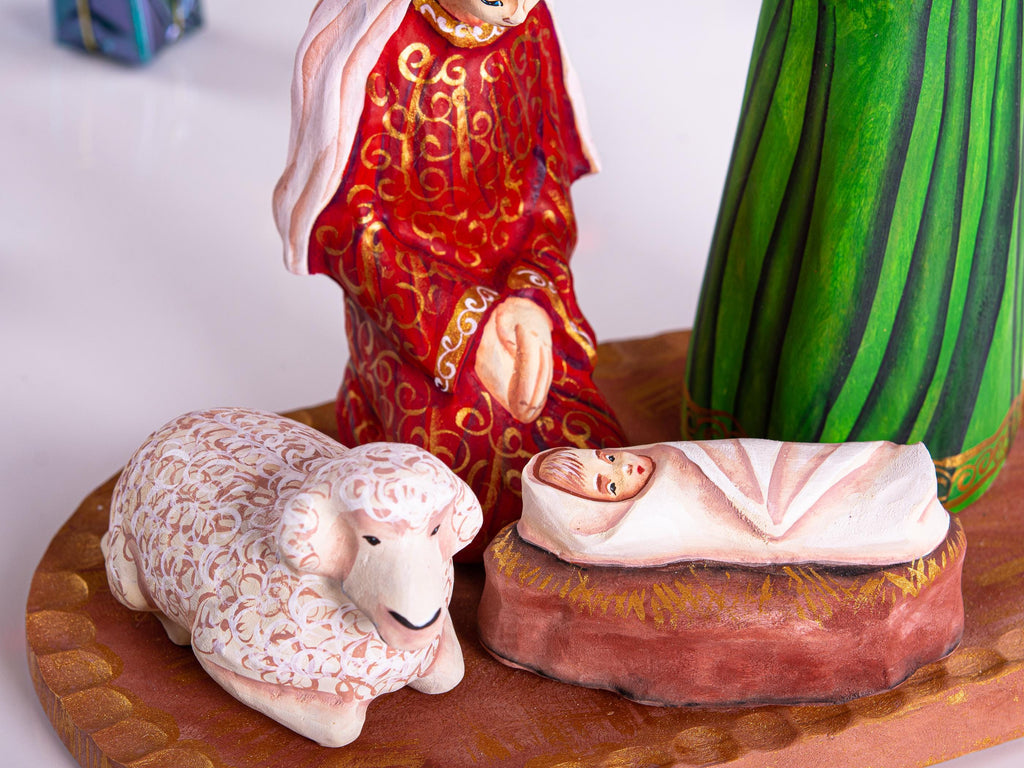Hand Carved Wooden Nativity Set: Painted Christmas Crèche with Mary, Joseph, Jesus & Sheep
