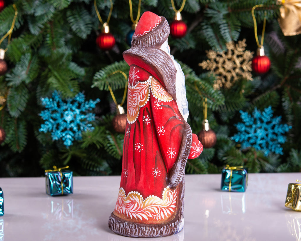 Hand carved Russian Santa 8.7 inch solid wood figurine, child scene