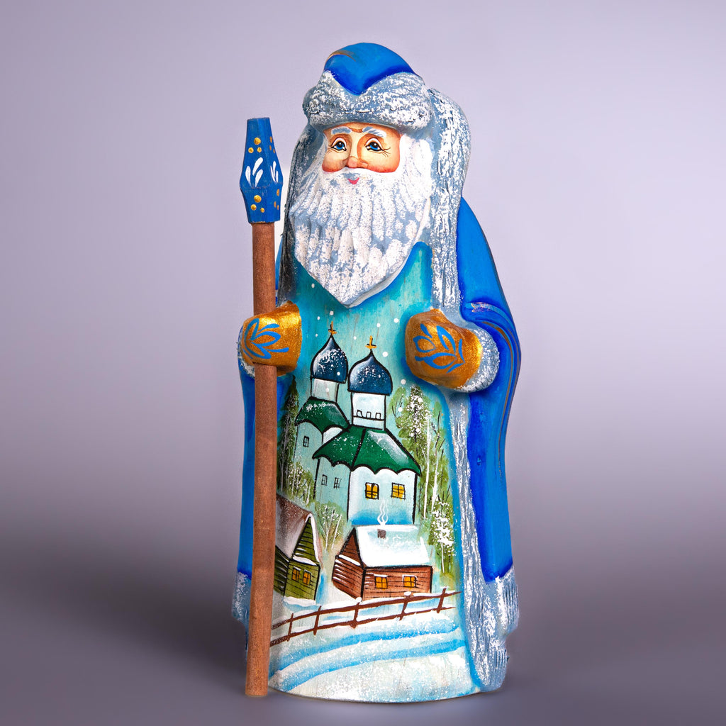 Hand Carved Wooden Santa Figurine: Winter Church Scene, Signed Collectible