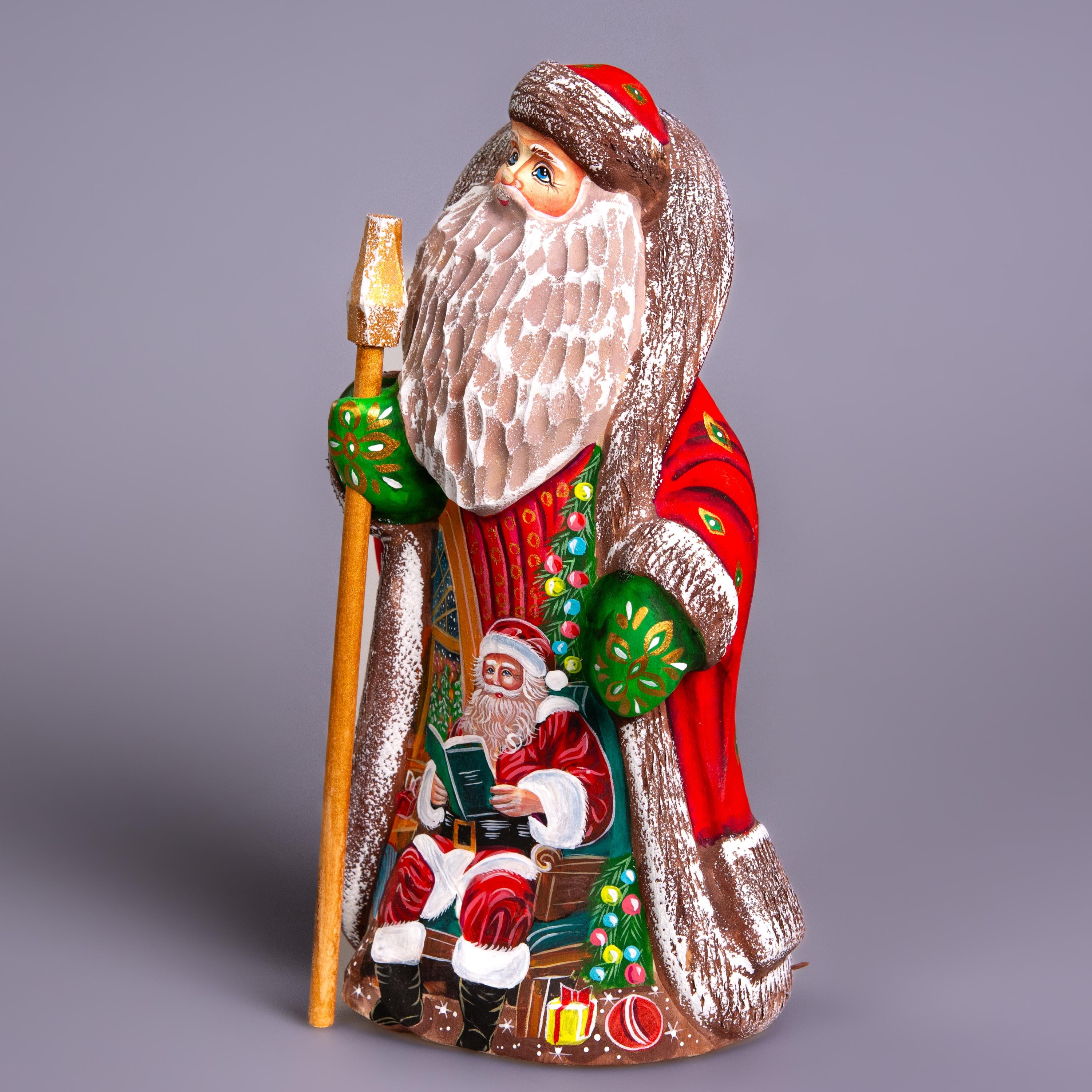 Santa Claus figurine 9.4 inch, folk art Santa reading by fireplace