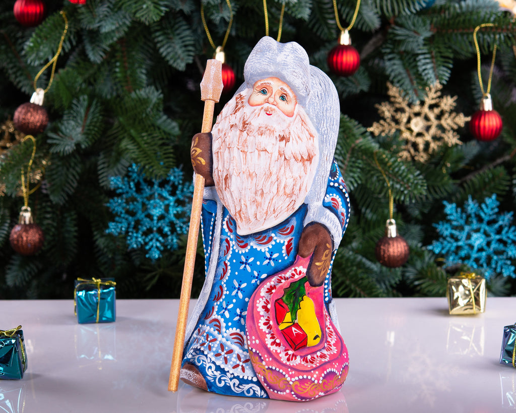Blue Santa Claus wooden figurine 9 inch, hand carved collectible holiday accent