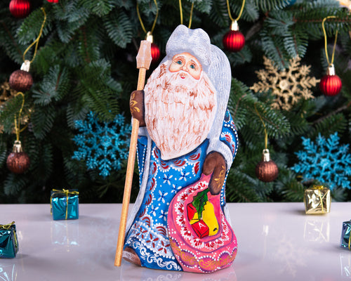 Blue Santa Claus wooden figurine 9 inch, hand carved collectible holiday accent