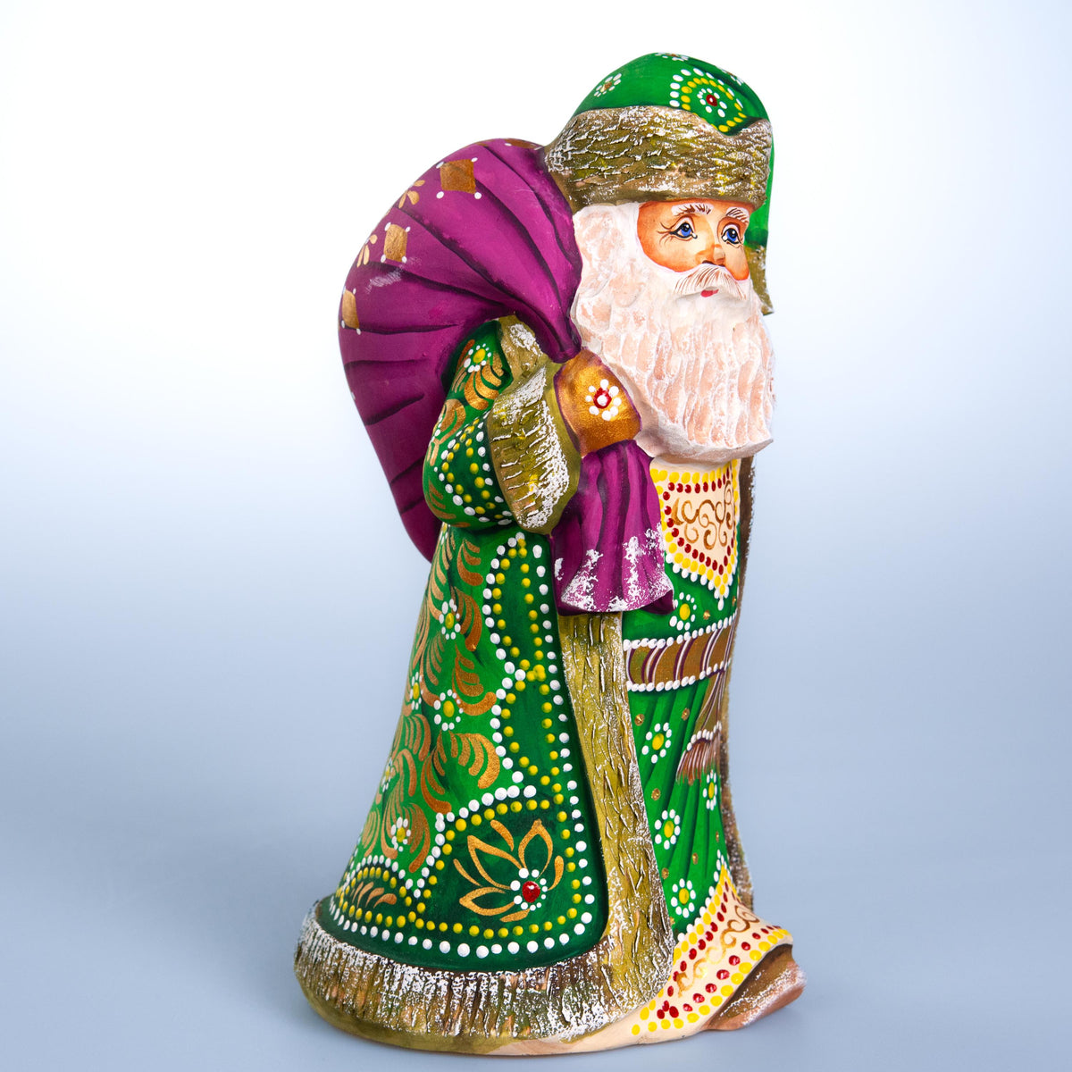 Hand carved green Santa wooden figurine 9.1 inch, folk art collectible
