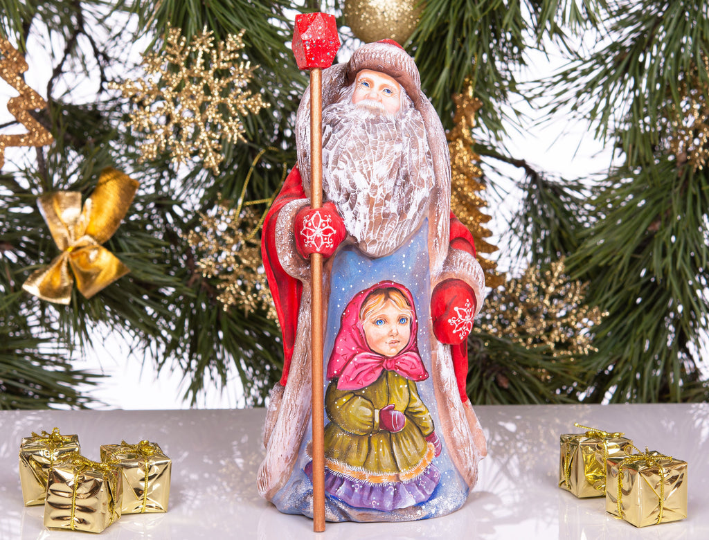 Old World Santa wood figurine 9.5 inch, winter girl scene, Christmas mantel centerpiece