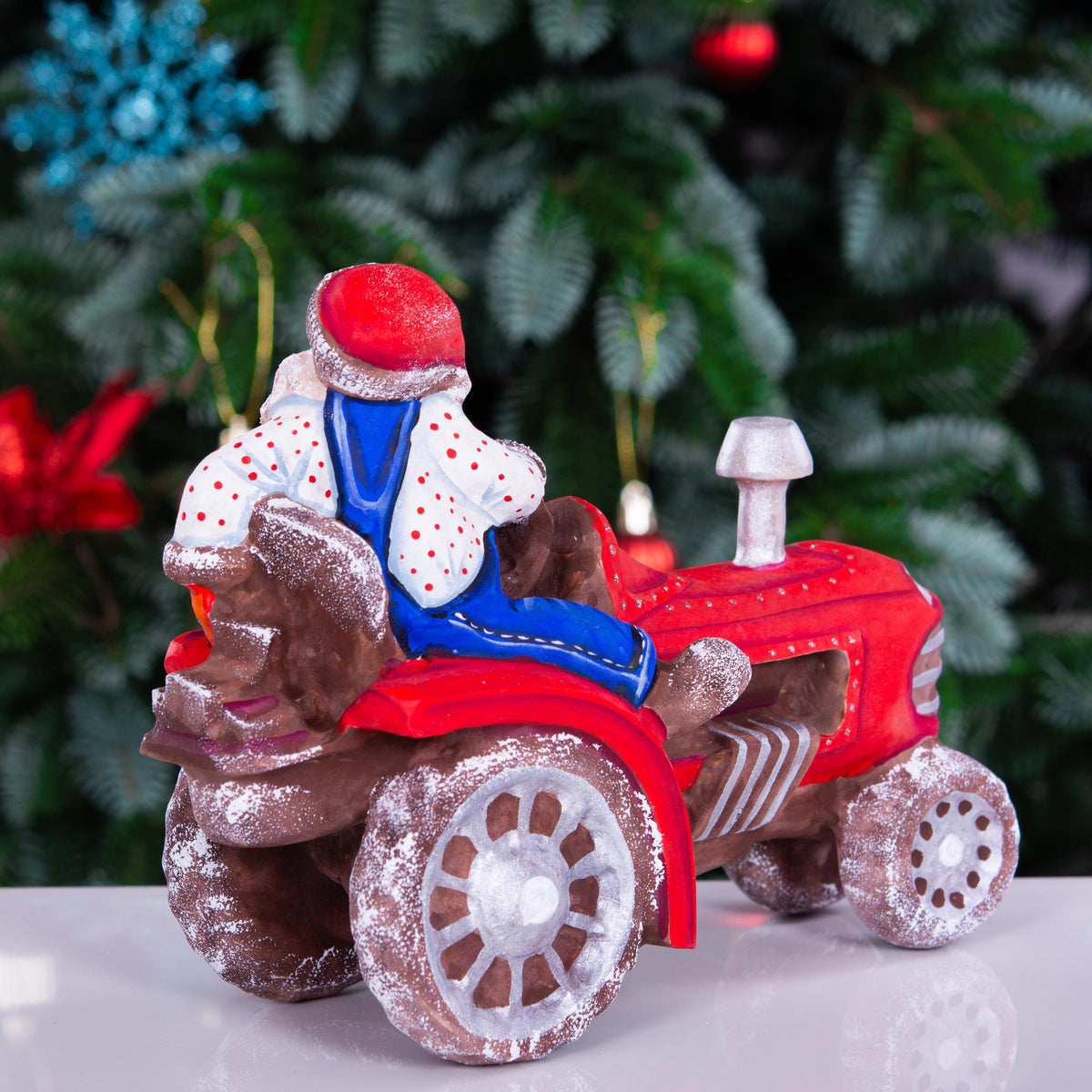 Hand-Carved Wooden Santa Claus Figurine on Tractor: Christmas Home Decor