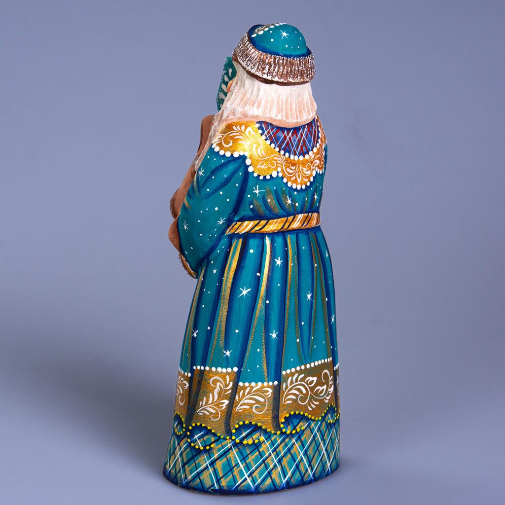 Hand Carved Wooden Santa Figurine with Dog 9 inch: Blue & Gold St. Nicholas