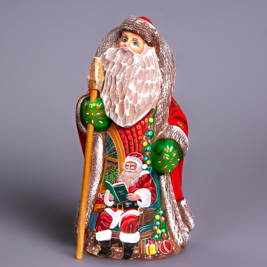 Santa Claus figurine 9.4 inch, folk art Santa reading by fireplace