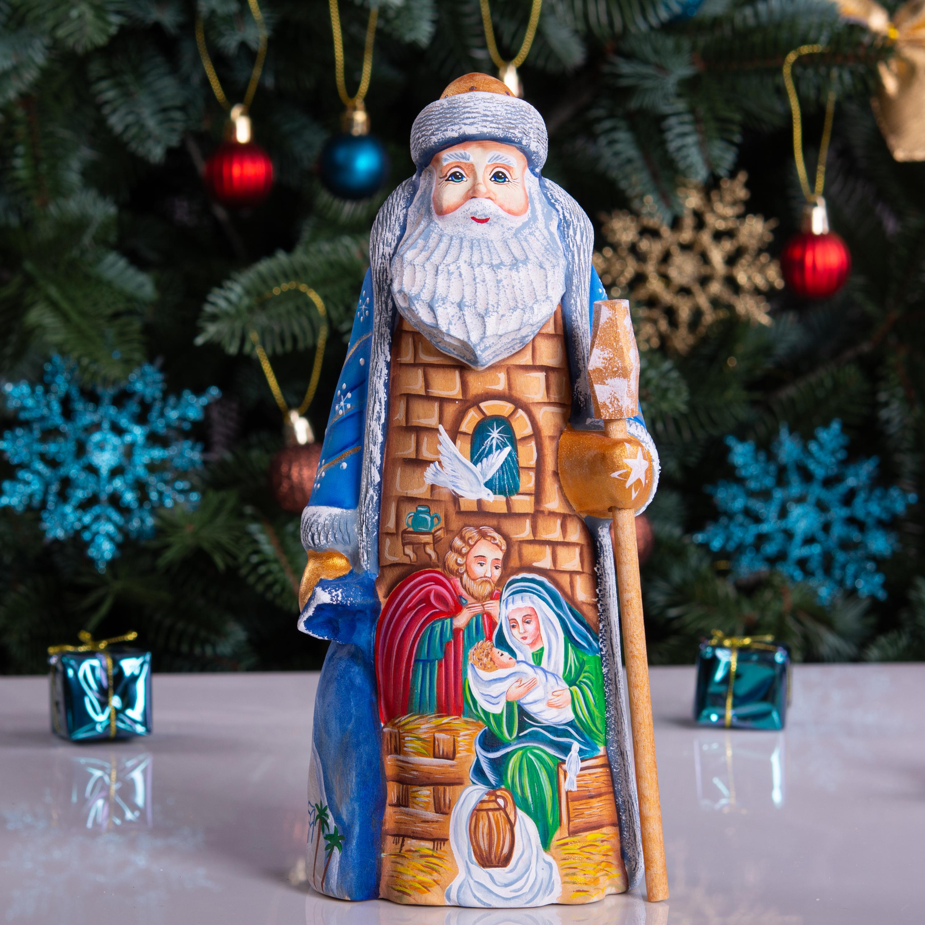 Hand carved wooden Santa nativity figurine 9 inch, Holy Family scene, Christmas mantel decor