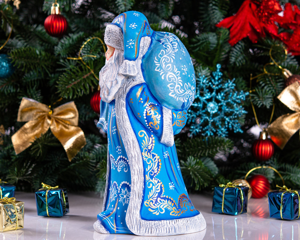Wooden Santa Figurine in Blue with Sack 9", Hand Painted Shelf Decor