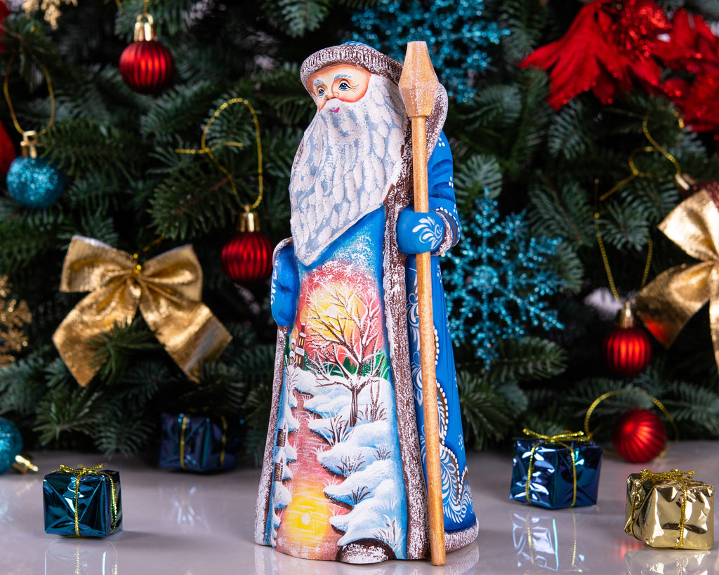 Carved wooden Santa figurine 9 inch, winter church at sunset artwork, holiday mantel centerpiece