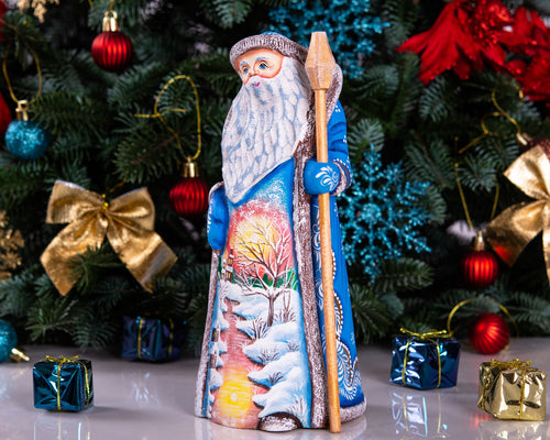 Carved wooden Santa figurine 9 inch, winter church at sunset artwork, holiday mantel centerpiece
