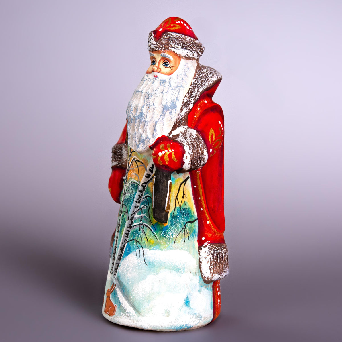 Hand carved Santa wooden figurine 7 inch with lantern, rabbits scene, mantel decor