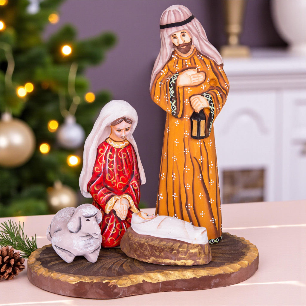 Wooden Holy Family figurine 9.4 inch, hand painted creche