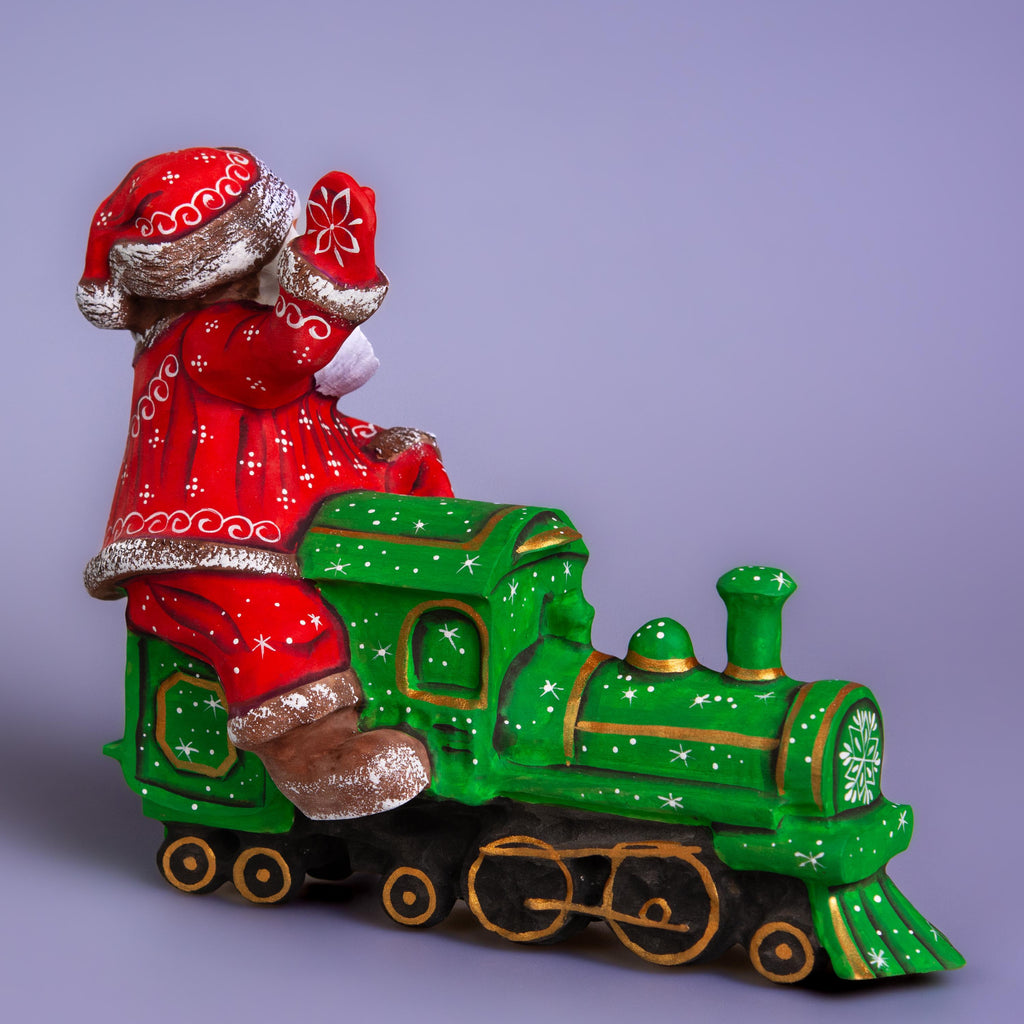 Hand Carved Santa on Locomotive Figurine 9.5 inch: Wooden Christmas Decoration