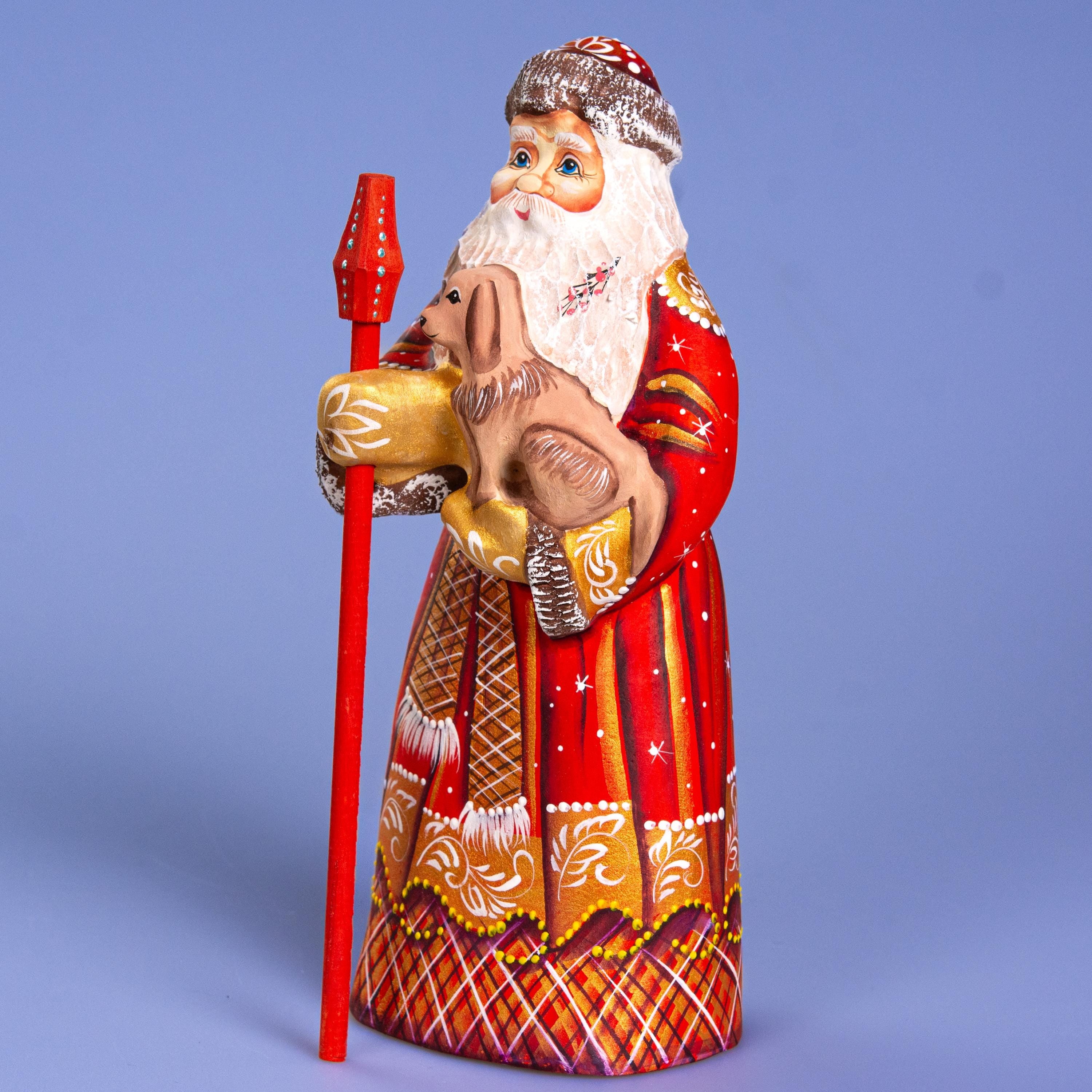 Hand Carved Wooden Santa Claus Figurine with Dog: Hand-Painted Christmas Decor