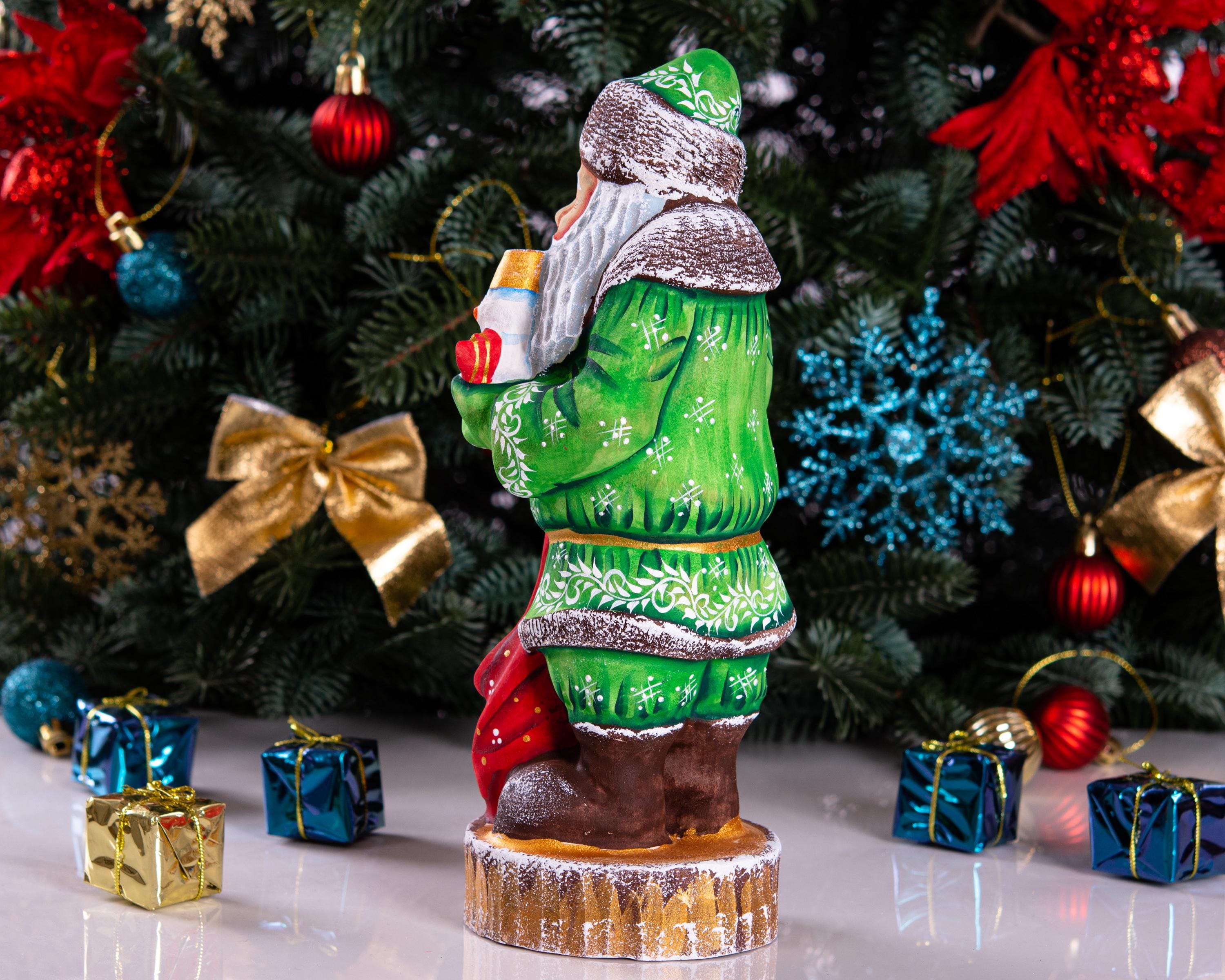 Collectible Santa figurine with snowman, folk art mantel decor, 10.2 inch