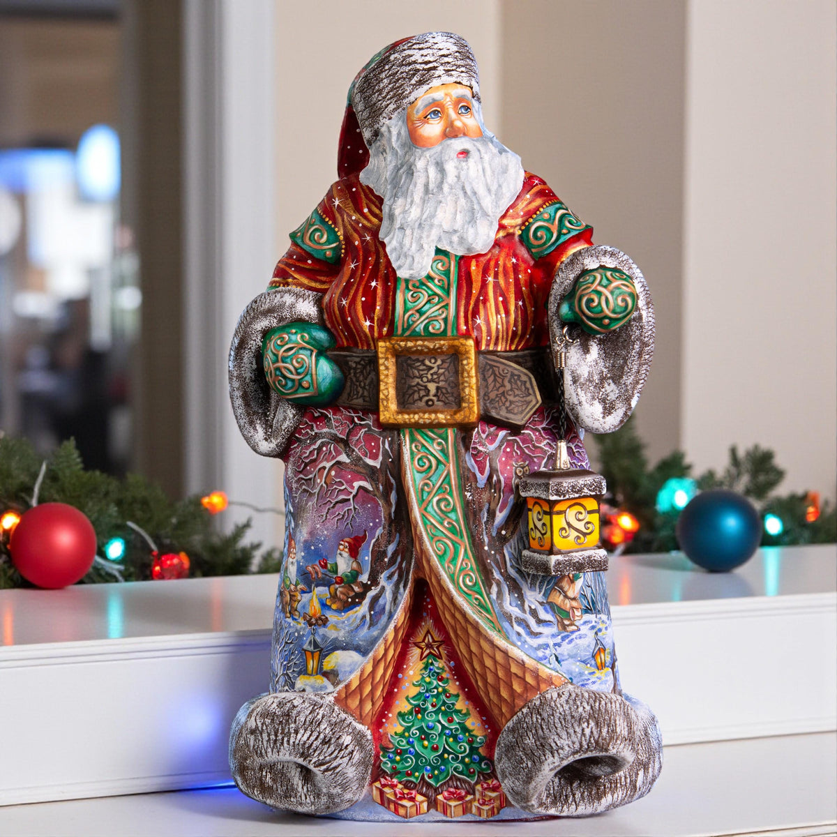 Hand Carved Santa Claus Figurine: Wooden Gnome Winter Scene, Painted Christmas Decor