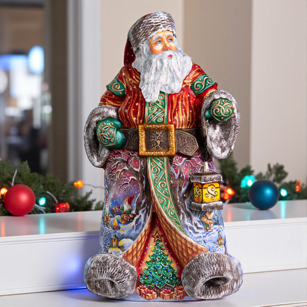 Hand Carved Santa Claus Figurine: Wooden Gnome Winter Scene, Painted Christmas Decor