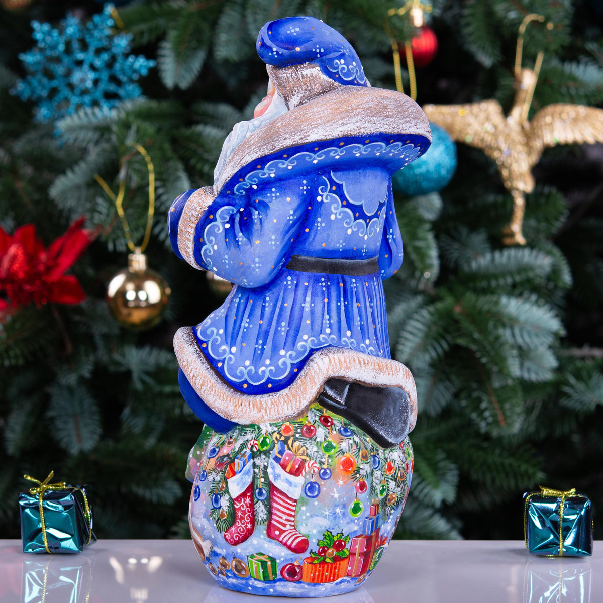 Blue Santa wooden figurine 9.5 inch, hand carved Christmas mantel display decor