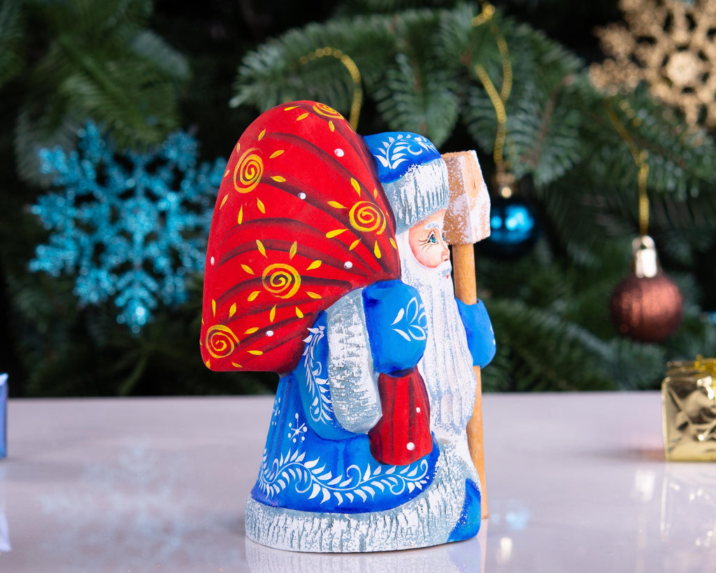 Hand Carved Wood Santa Figurine: Blue Coat Folk Art Collectible