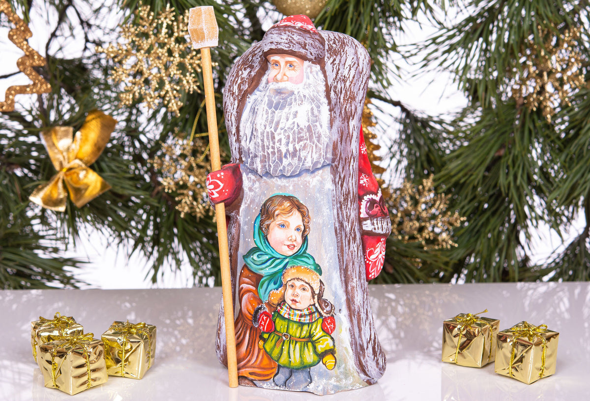 Hand carved Santa 9.5 inch solid wood figurine, children portrait