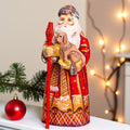 Hand Carved Wooden Santa Claus Figurine with Dog: Hand-Painted Christmas Decor