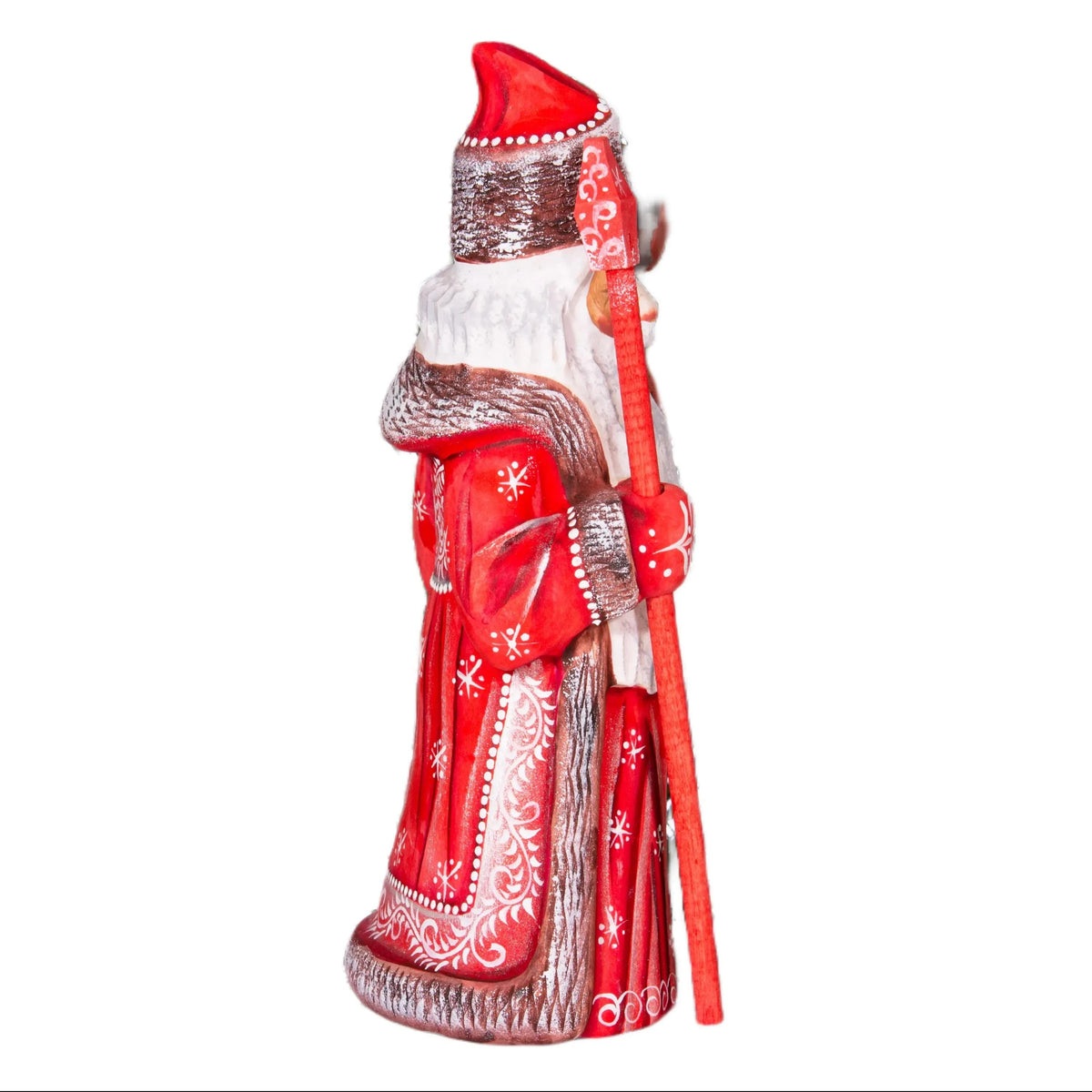 Hand carved wooden Santa figurine 8.5 inch, holding bear, holiday shelf decor
